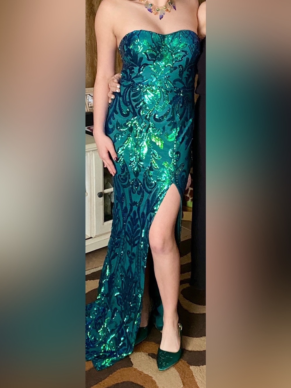 Strapless Emerald Green Sequin Mermaid Gown with Thigh Slit